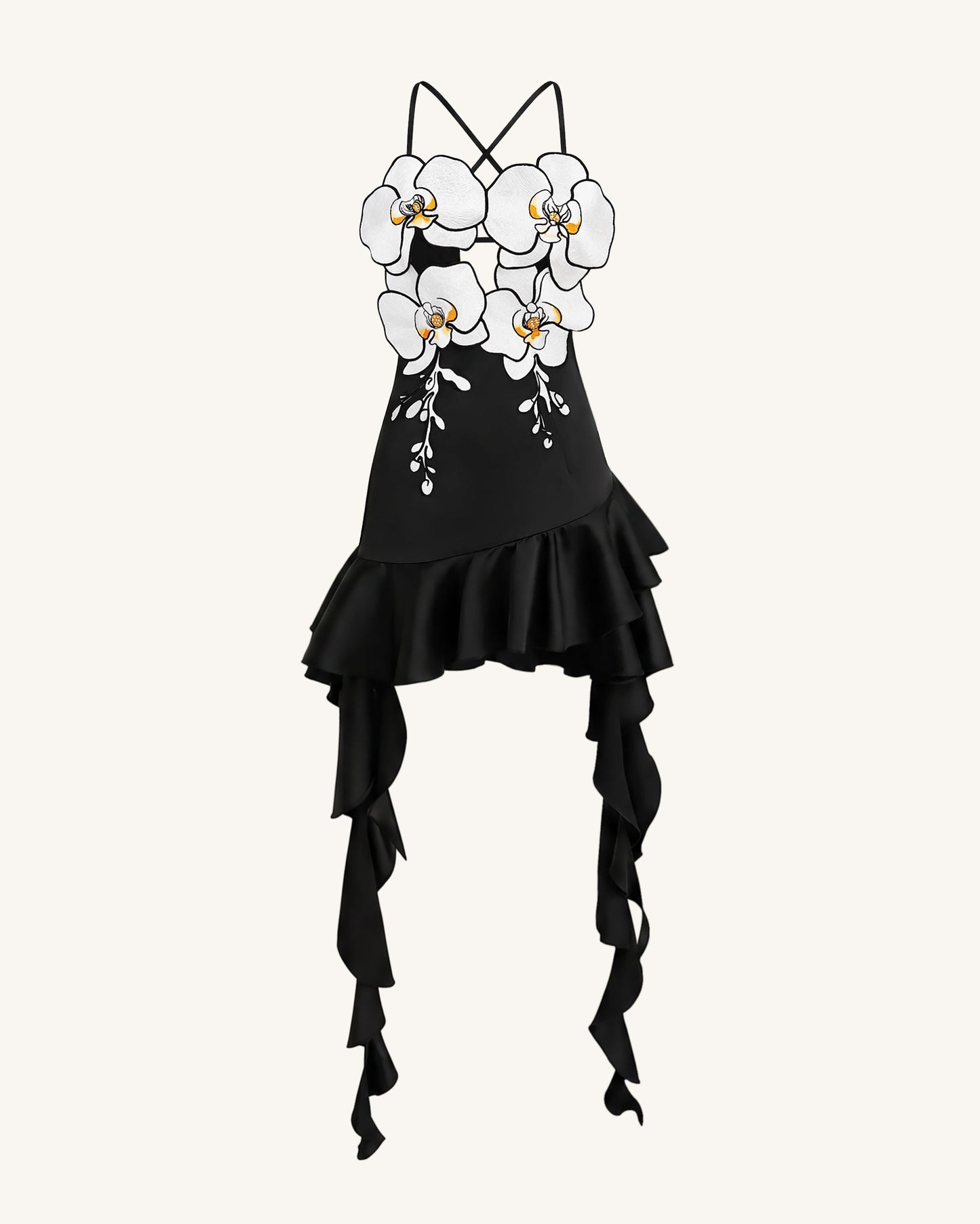 蘭花刺繡荷葉邊迷你連衣裙 - 黑色