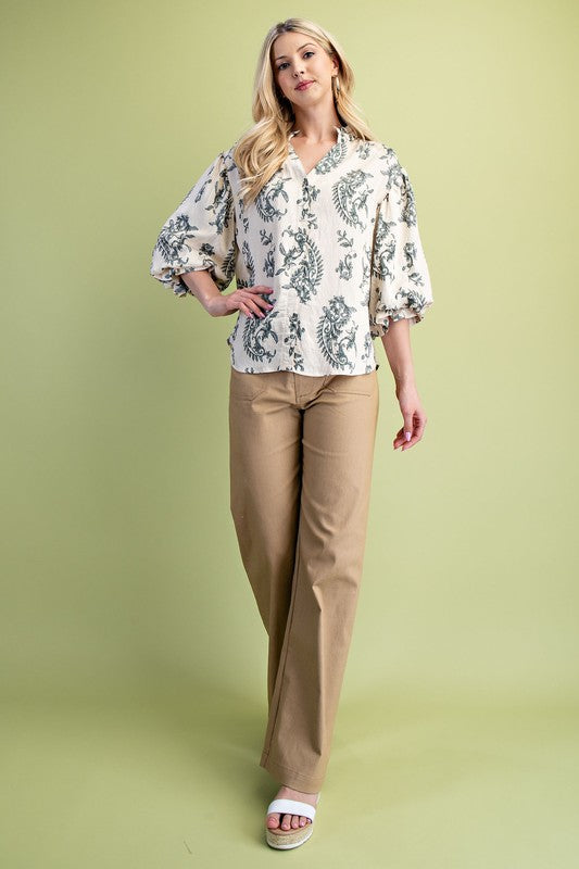 Florence Balloon Sleeve Button Down Printed Top Navy