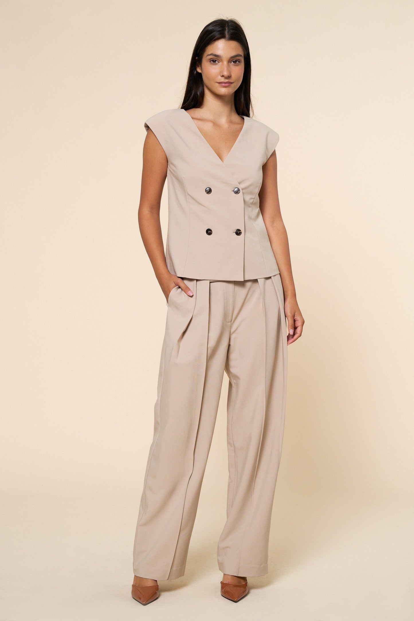 Maura High Waist Wide Leg Pleated Pants Taupe