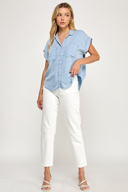 Kiki Short Sleeve Button Down Top Blue