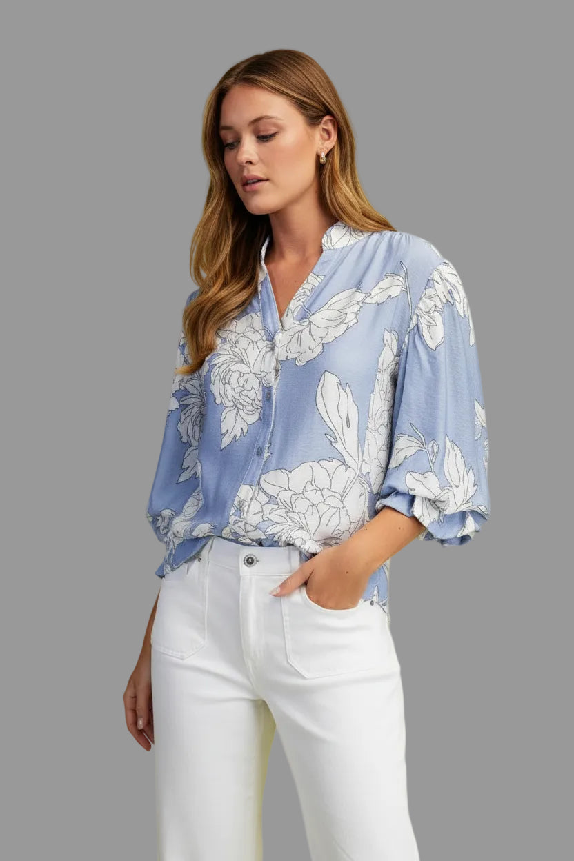 Demi 3/4 Sleeve Button Down Floral Print Top Blue