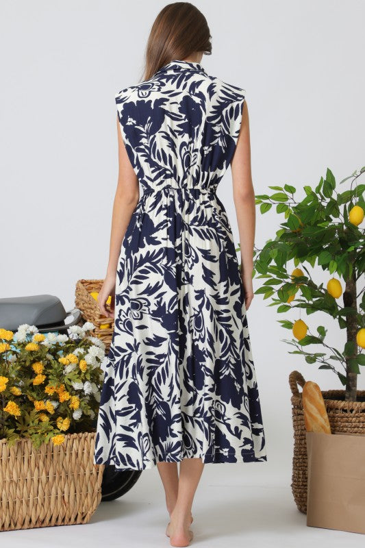 Briar Sleeveless Waist Tie Button Front Floral Print Midi Dress Ivory