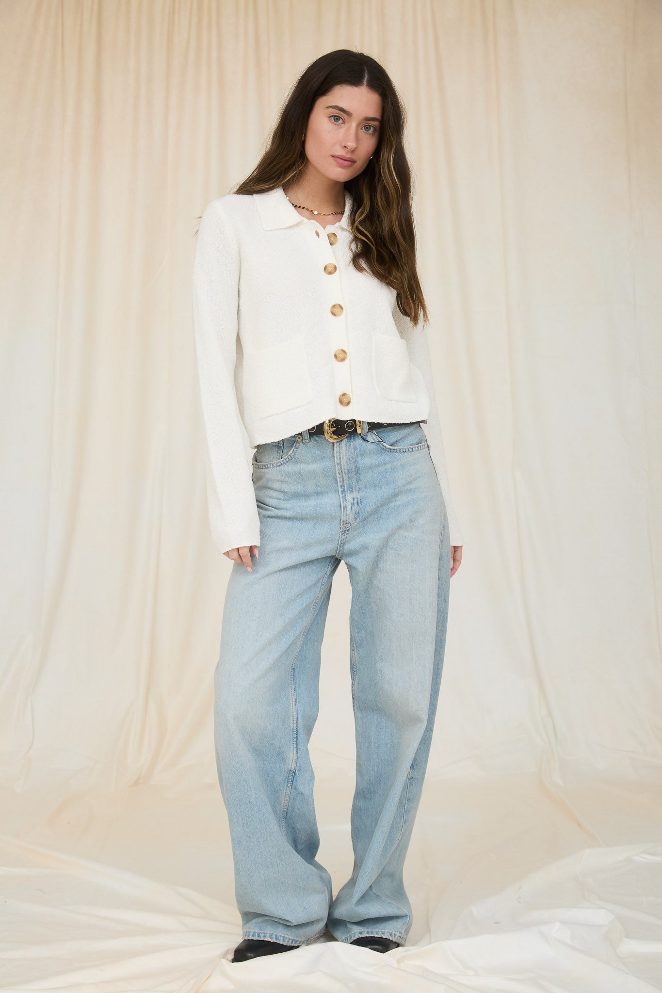 Laney Long Sleeve Button Down Knit Cardigan Ivory