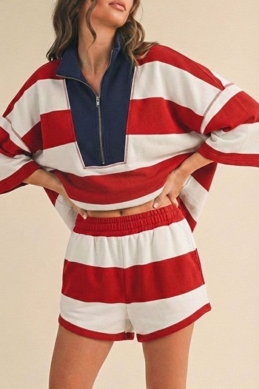 Gemma Short Sleeve Top And High Waist Stripe Print Shorts Set Red