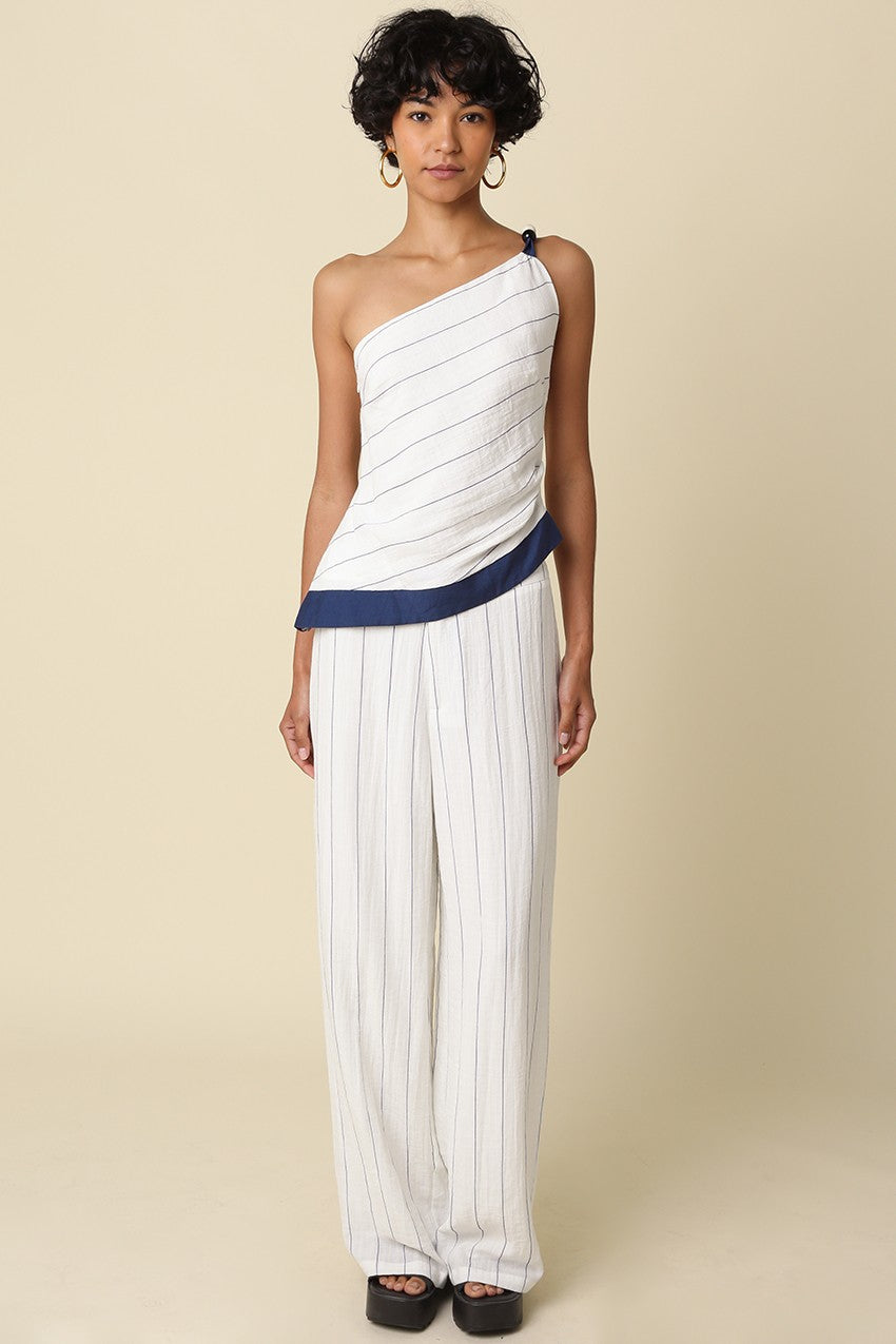 Shelly Sleeveless One Shoulder Stripe Print Top White