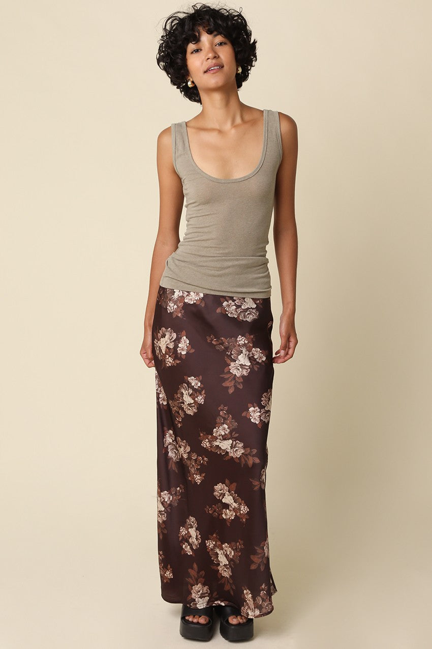 Waitlist 8/20 • Bennett High Waist Pretty Fall Floral Print Satin Maxi Skirt Brown