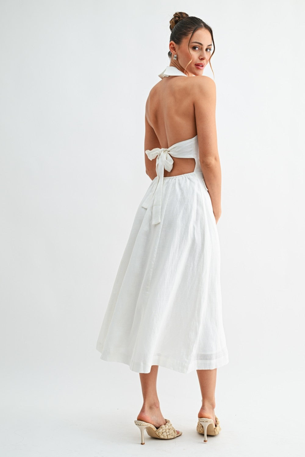Nadine Sleeveless Halter Button Down Open Back Midi Dress White