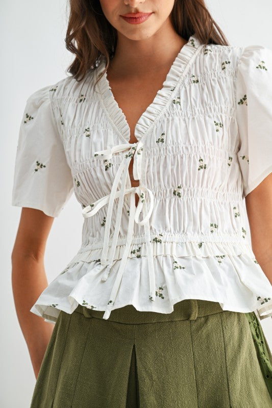 Lane Short Sleeve Front Tie Floral Print Peplum Top White