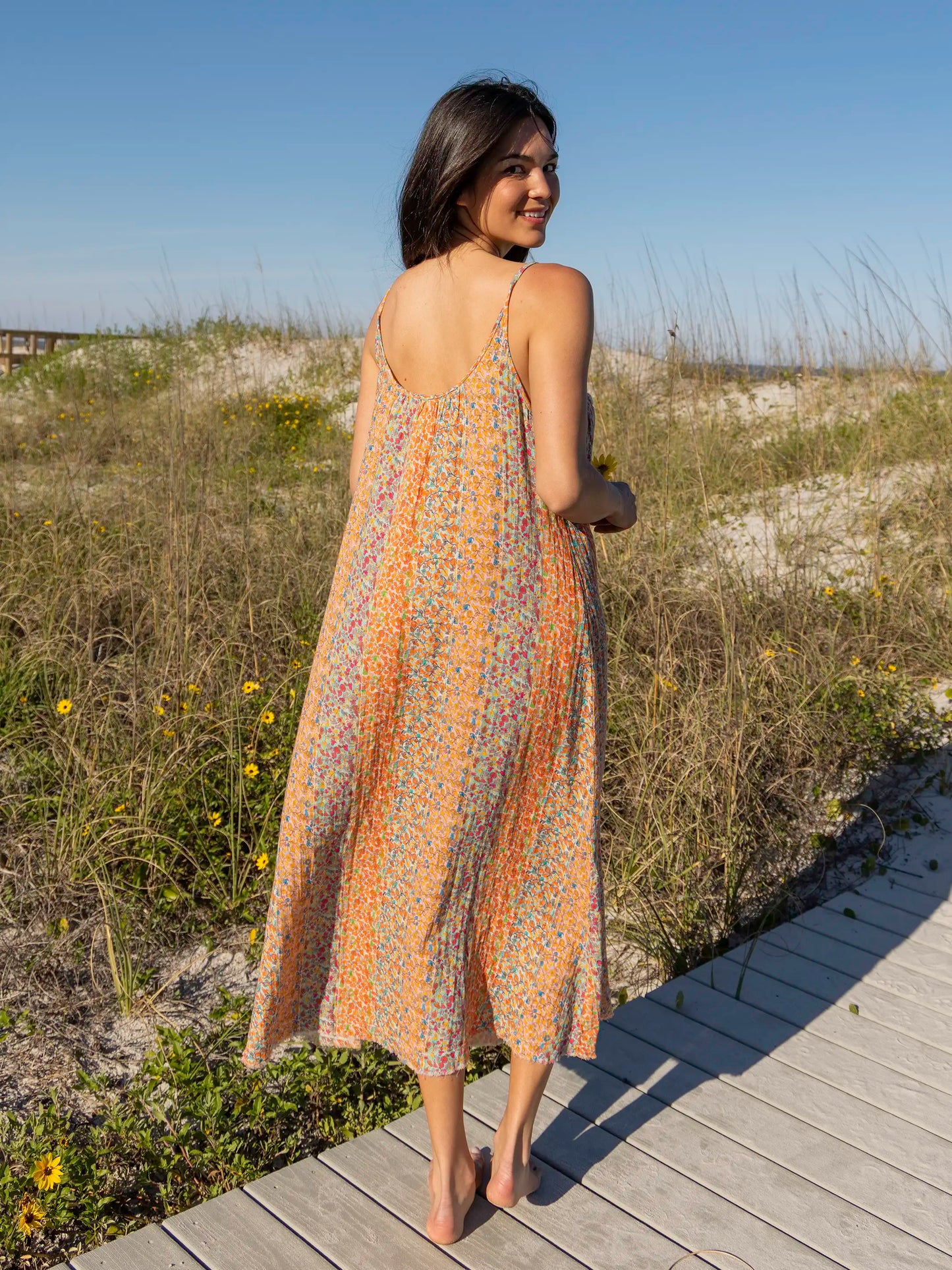 Cosette Embroidered Cotton Maxi Dress - Turquoise Orange Stripes