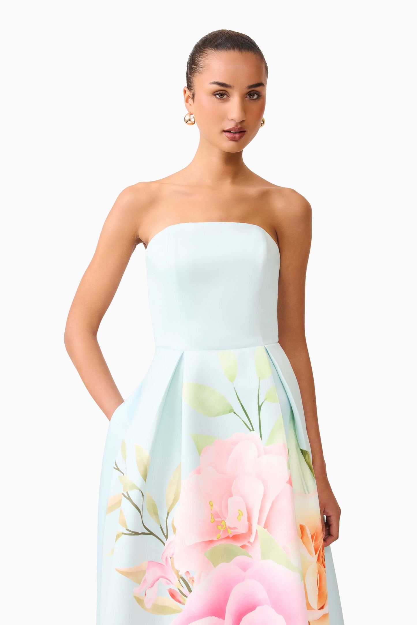 Harper Strapless Gown in Baby Blue Floral