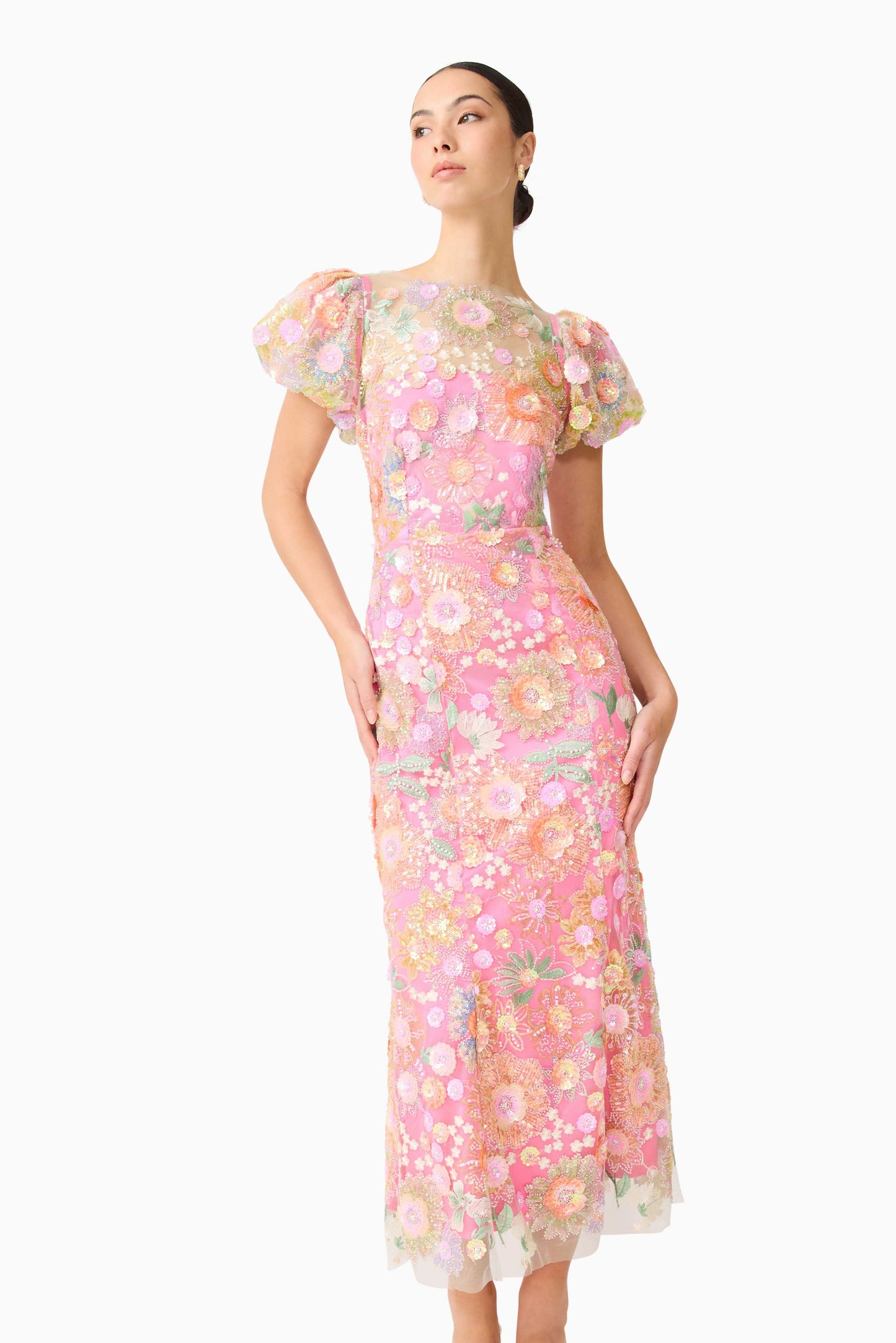 Nathalie Puff Sleeve Gown in Pink Floral
