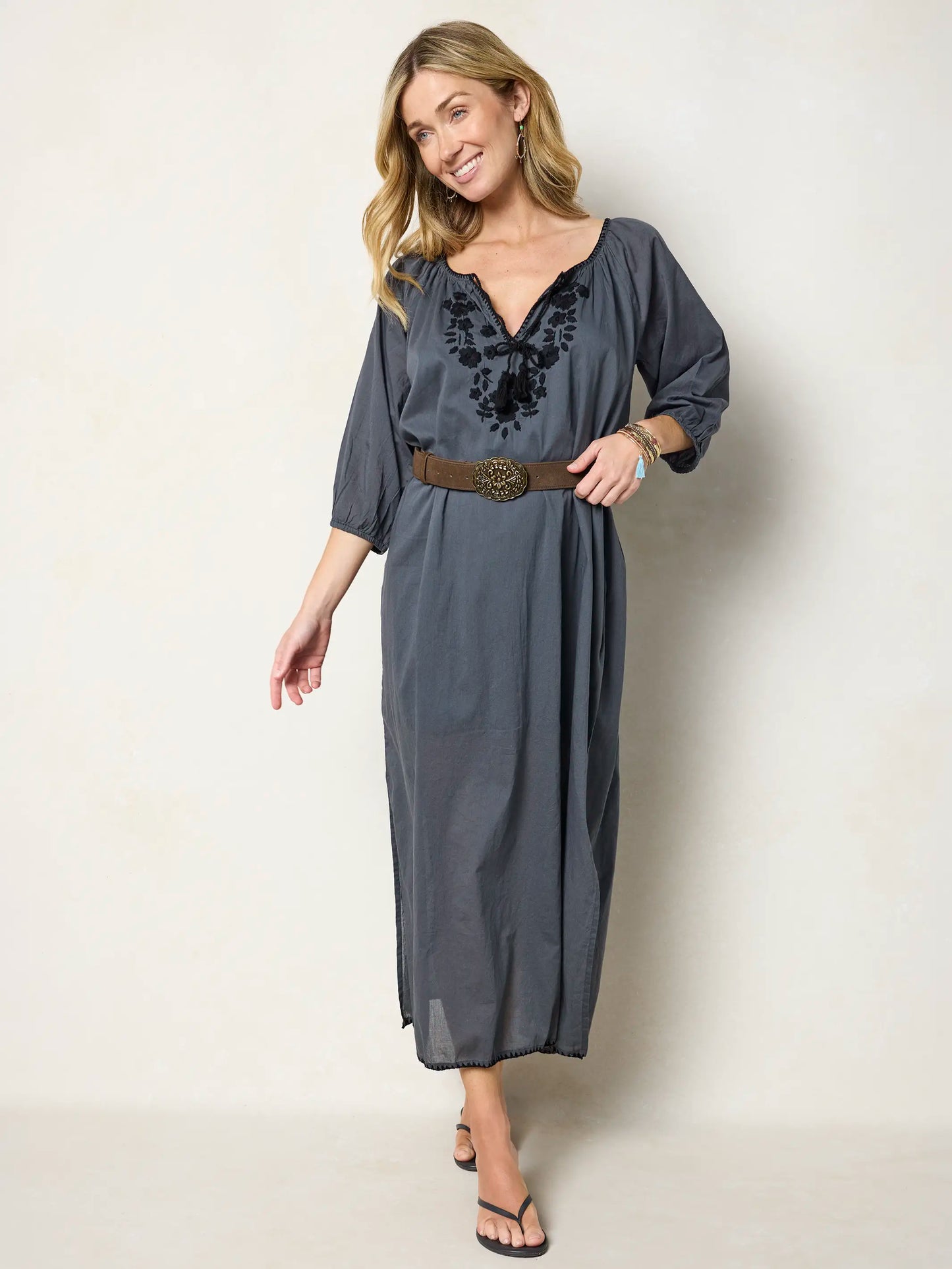 Christy Embroidered Cotton Maxi Dress - Charcoal