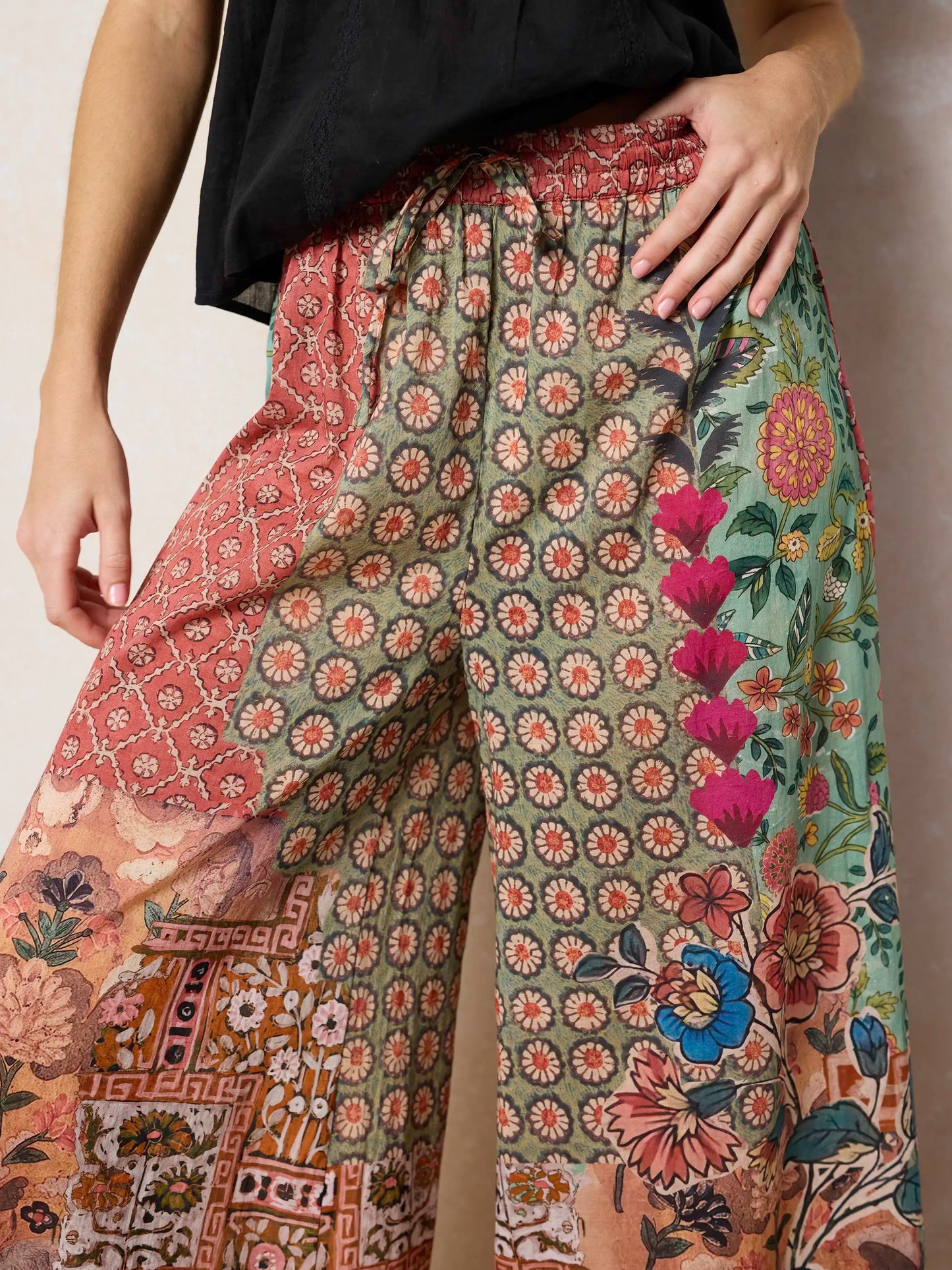 Go With The Flow Cotton Wide Leg Pants - Patchwork Medallion Floral