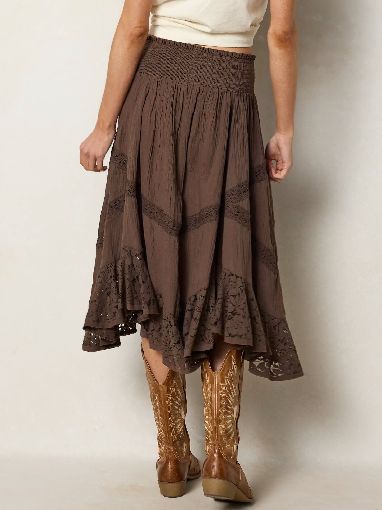 Pretty In Lace Cotton Midi Skirt - Brown