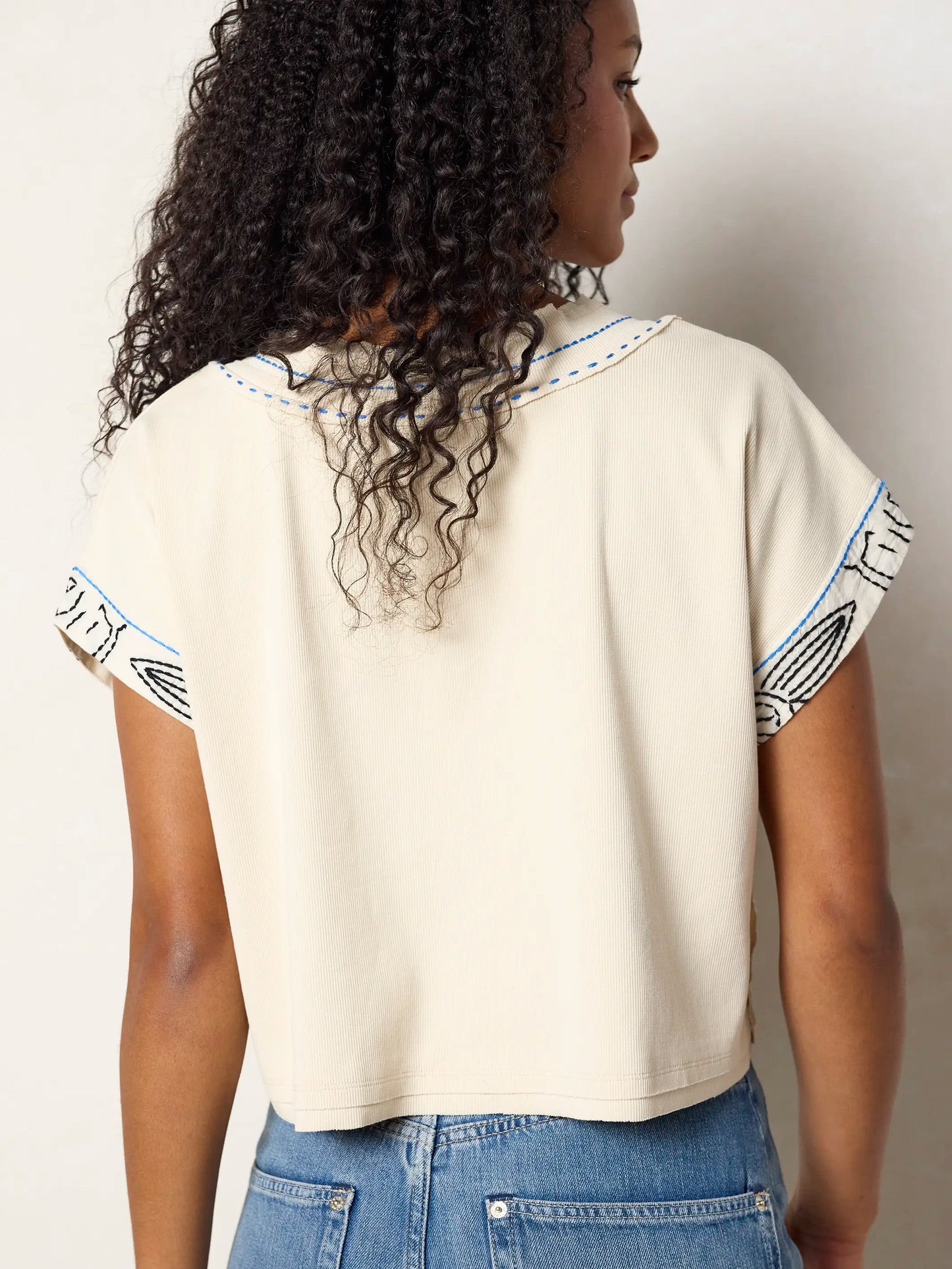 Embroidered Ribbed Boxy Tee - Ivory