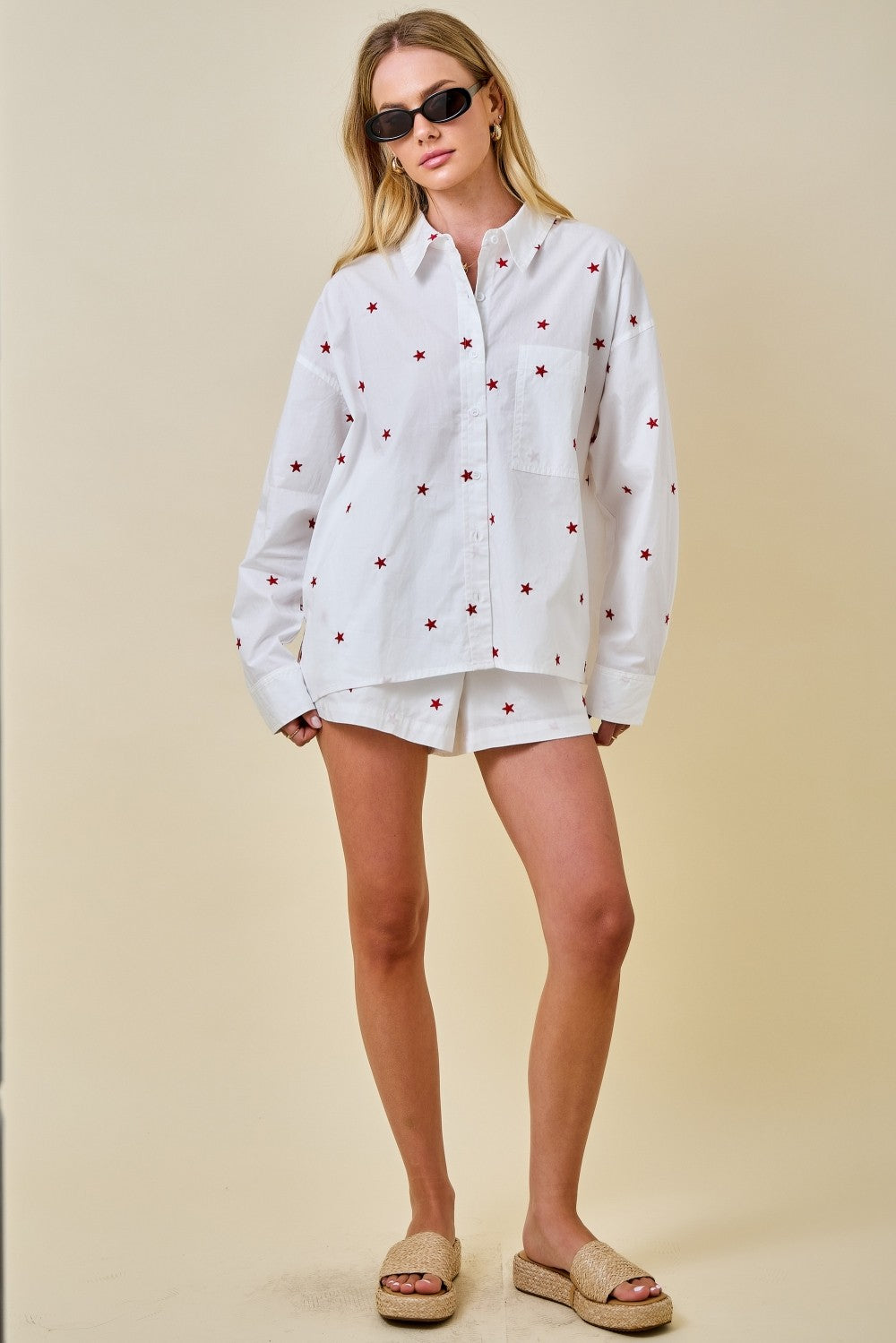 Tamsin Long Sleeve Button Down Star Print Top White