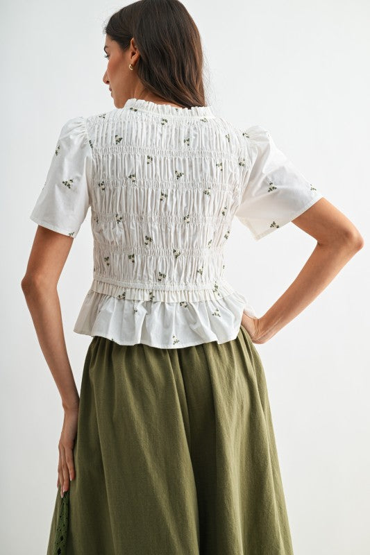 Lane Short Sleeve Front Tie Floral Print Peplum Top White