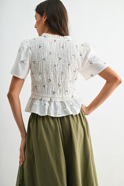 Lane Short Sleeve Front Tie Floral Print Peplum Top White