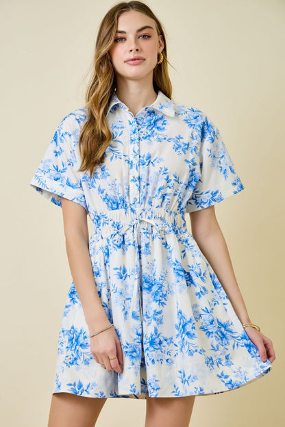 Sybil Short Sleeve Button Down Floral Print Mini Dress Blue