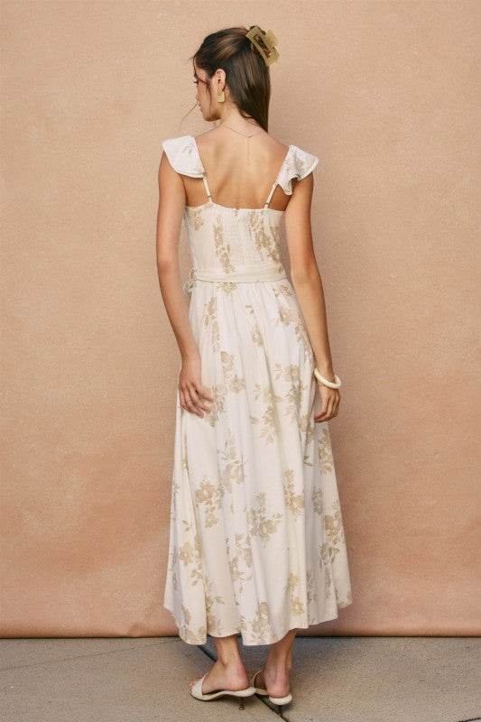 Lizette Flutter Sleeve Floral Print Waist Tie Maxi Dress White