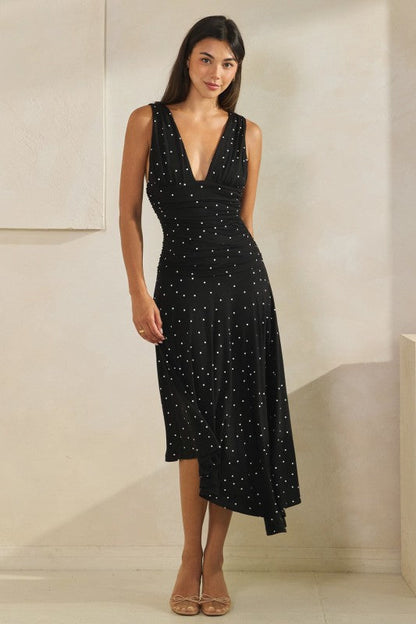 Pippa Sleeveless Asymmetrical Polka Dot Print Midi Dress Black