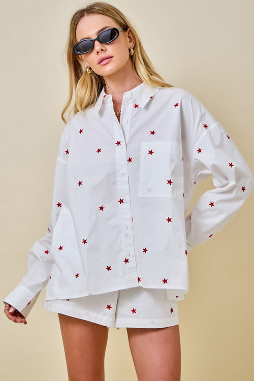 Tamsin Long Sleeve Button Down Star Print Top White