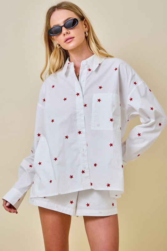 Tamsin Long Sleeve Button Down Star Print Top White