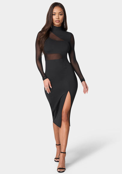 Mesh Inset Long Sleeve Midi Dress