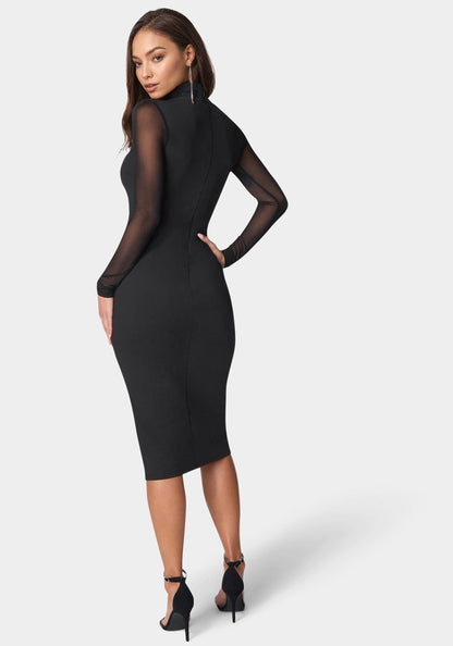 Mesh Inset Long Sleeve Midi Dress