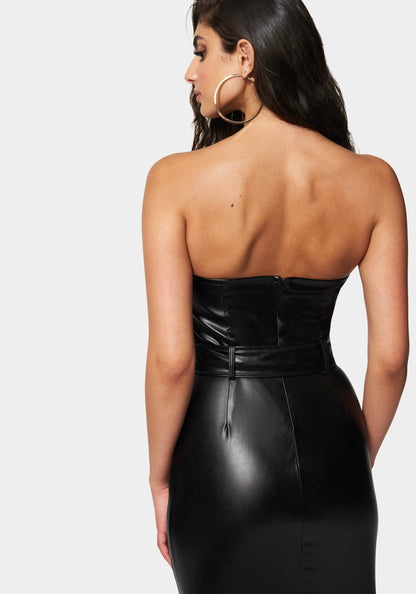 Vegan Leather Sweetheart Neck Mini Dress