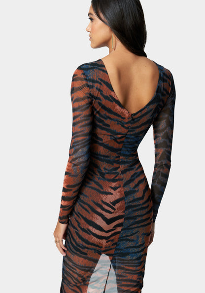 Printed Long Sleeve Ruched Mesh Dress