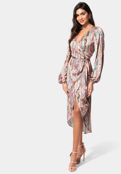 Printed Satin Wrap High Low Dress