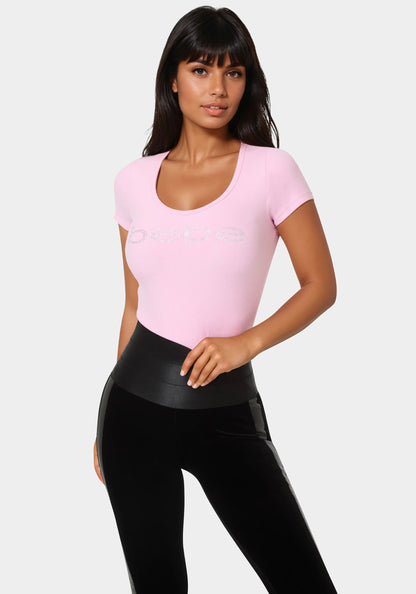Bebe Logo Short Sleeve Round Neck Rib Top