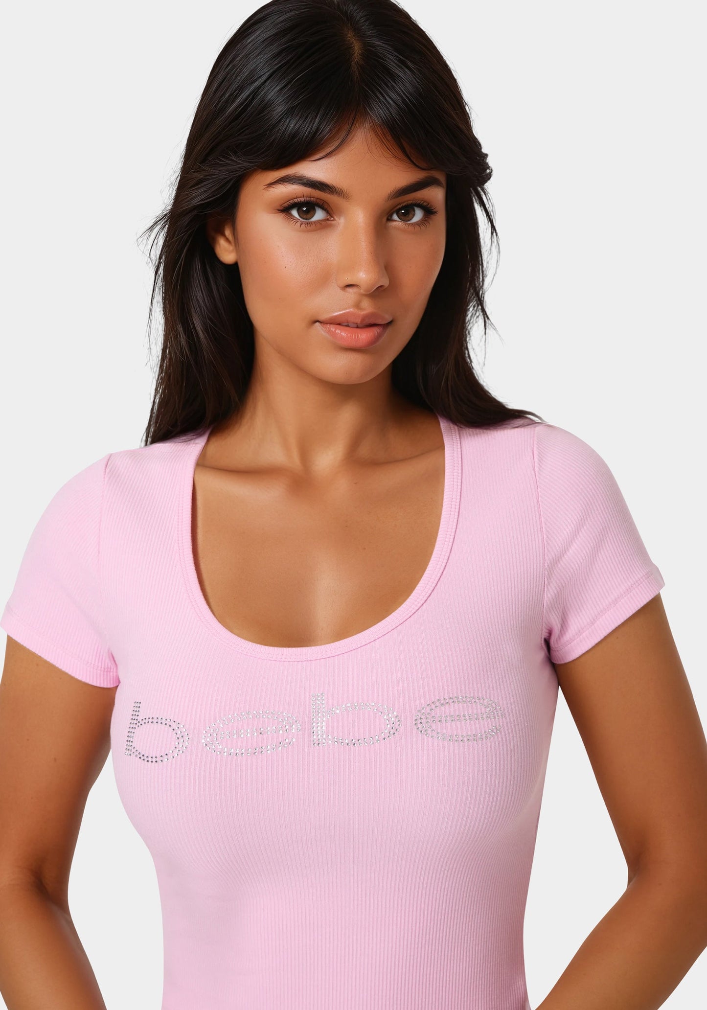 Bebe Logo Short Sleeve Round Neck Rib Top