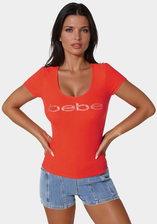 Bebe Logo Short Sleeve Round Neck Rib Top