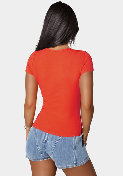 Bebe Logo Short Sleeve Round Neck Rib Top