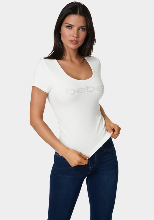 Bebe Logo Short Sleeve Round Neck Rib Top