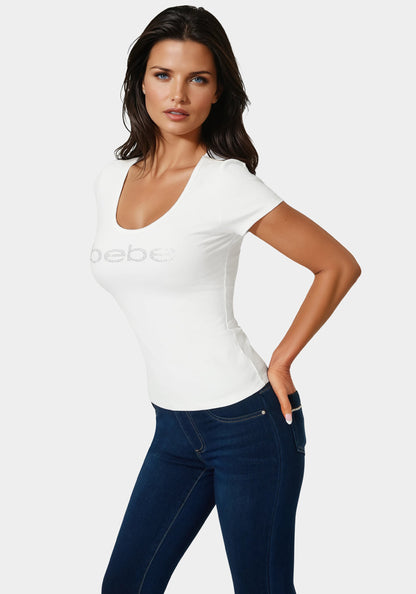 Bebe Logo Short Sleeve Round Neck Rib Top