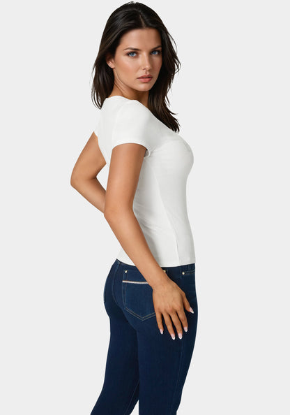 Bebe Logo Short Sleeve Round Neck Rib Top
