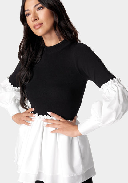 Poplin Combo Mock Neck Sweater
