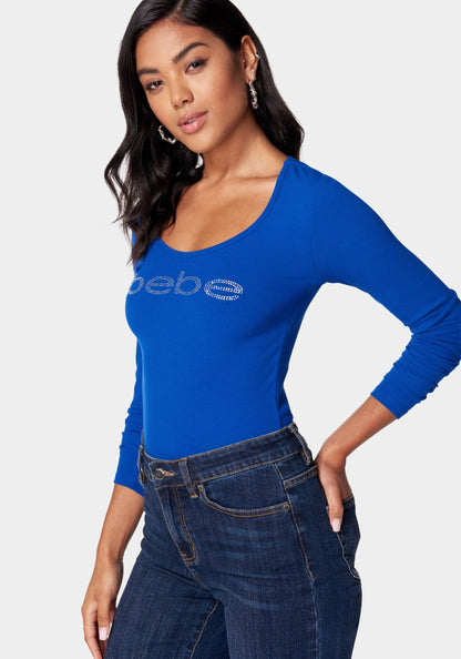 Long Sleeve Scoop Neck Bebe Logo Rib Top