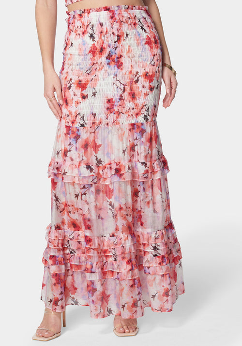 High Waist Smocked Ruffle Maxi Skirt