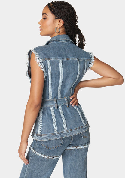 Semi Fitted Lace Applique Denim Vest