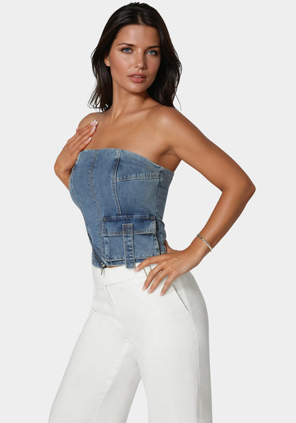 Zipper And Cargo Detail Denim Top