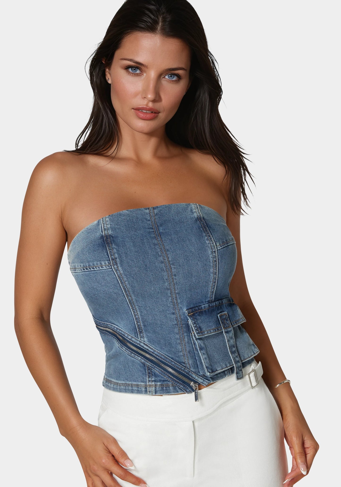 Zipper And Cargo Detail Denim Top