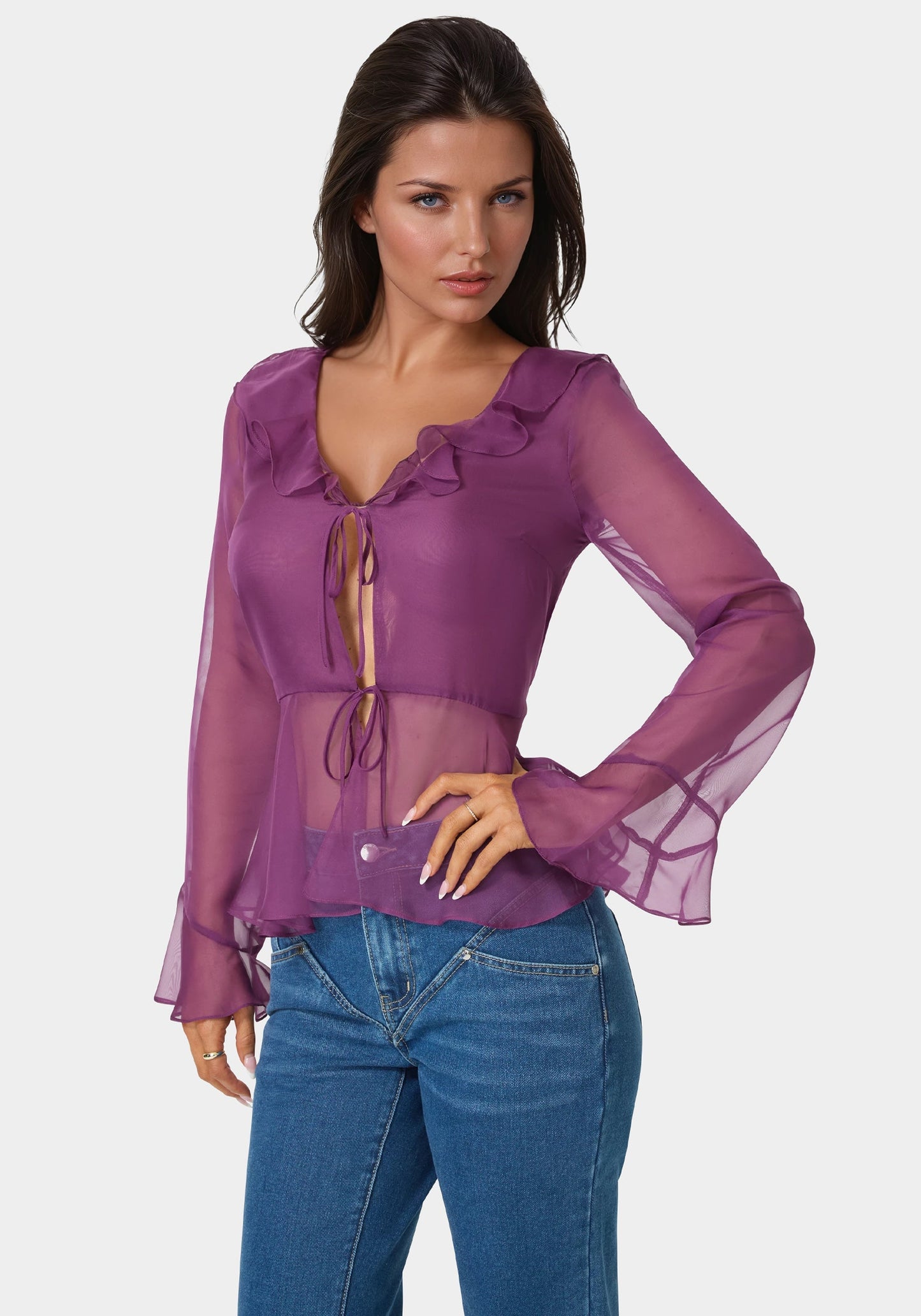 Chiffon Fit & Flare Tie Front Blouse