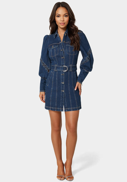 Sleeve Detail Front Button Denim Dress