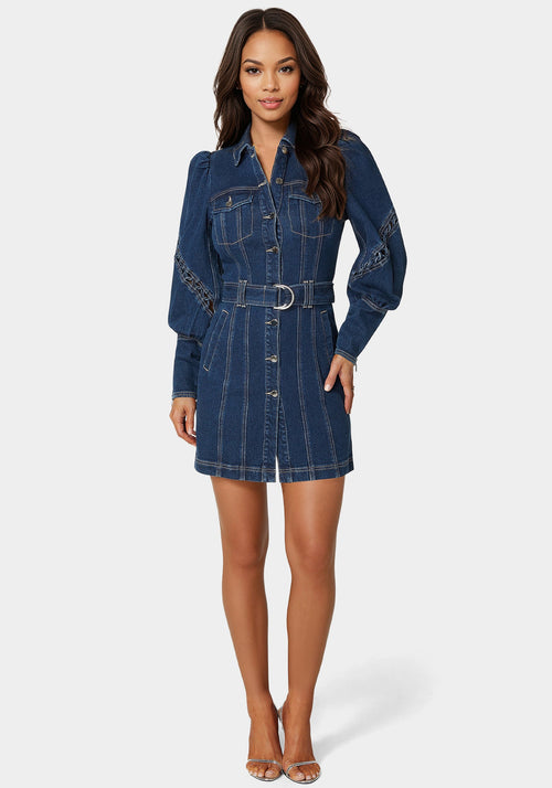 Sleeve Detail Front Button Denim Dress