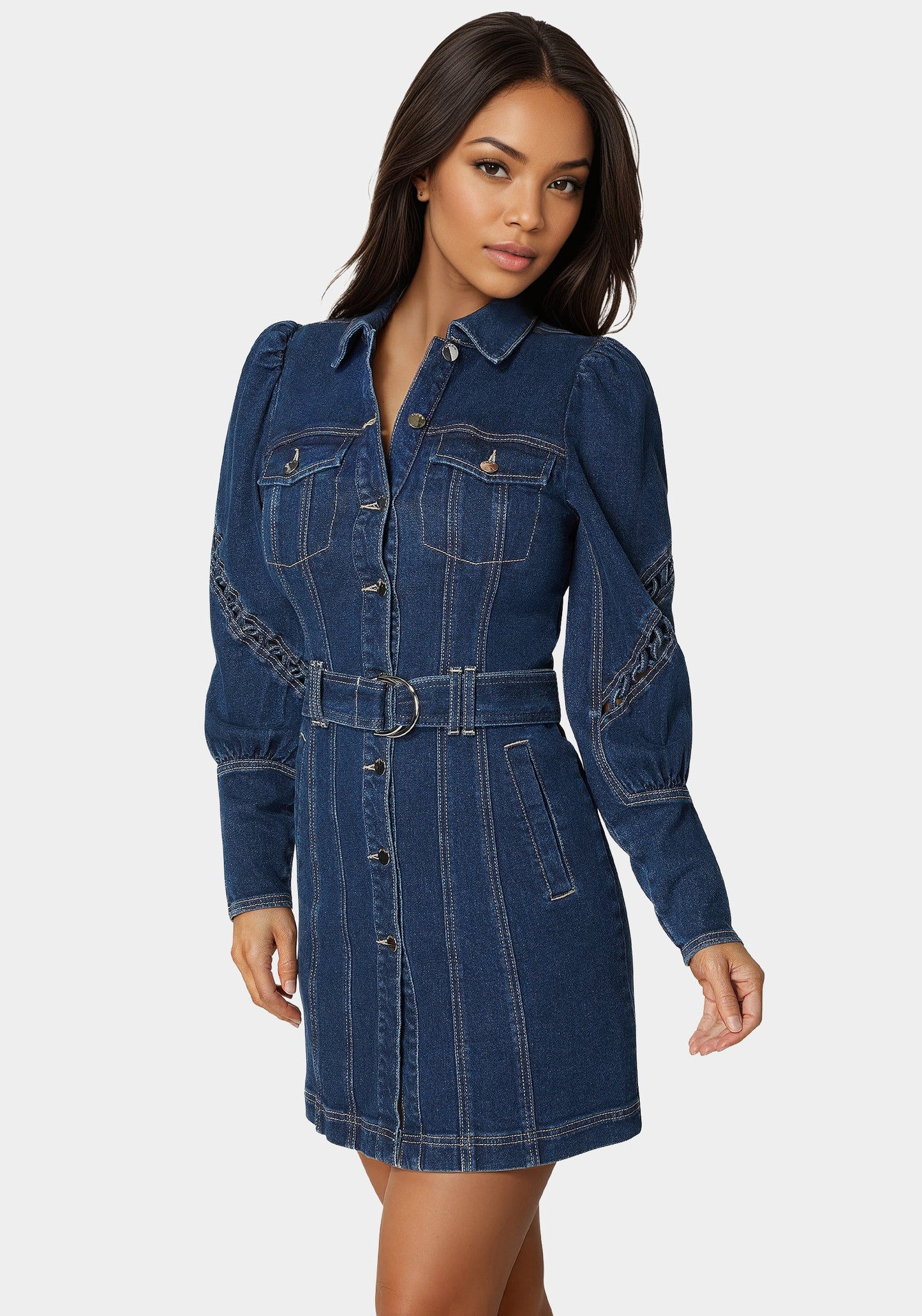Sleeve Detail Front Button Denim Dress