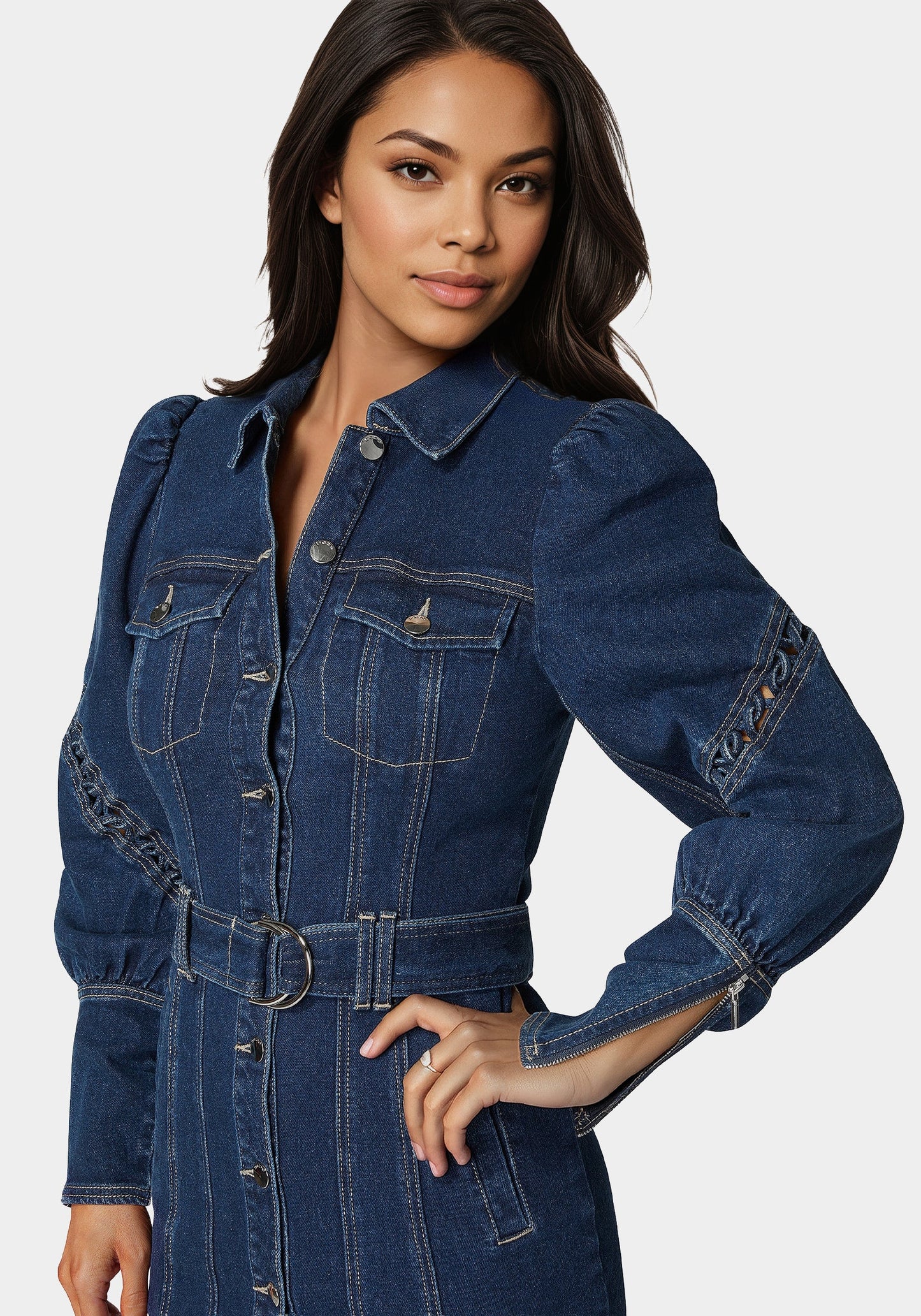 Sleeve Detail Front Button Denim Dress